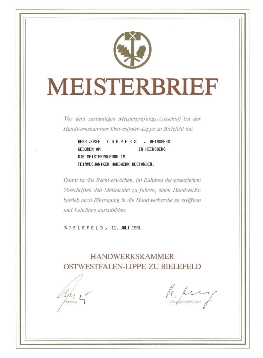 Meisterbrief Josef Cüppers