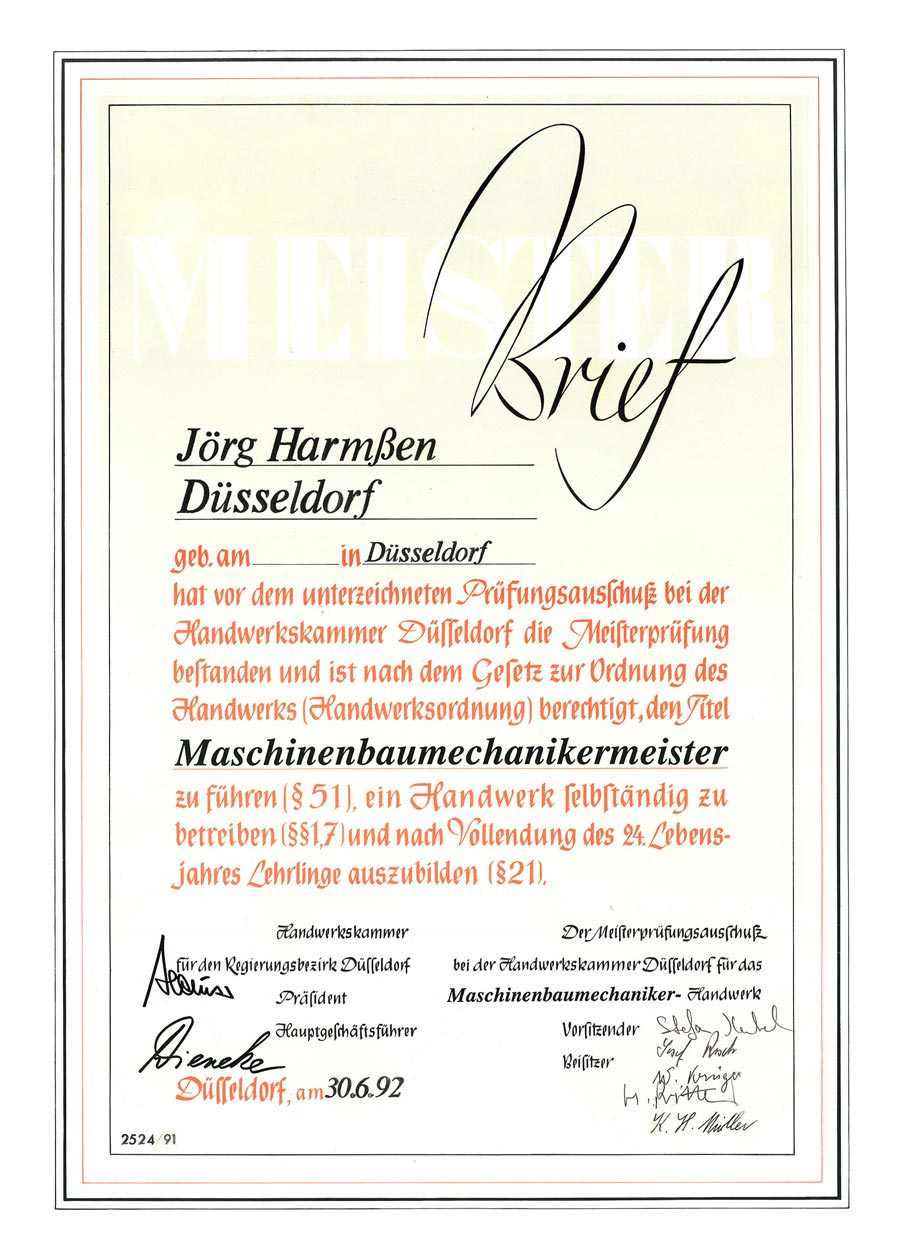 Meisterbrief Jörg Harmßen